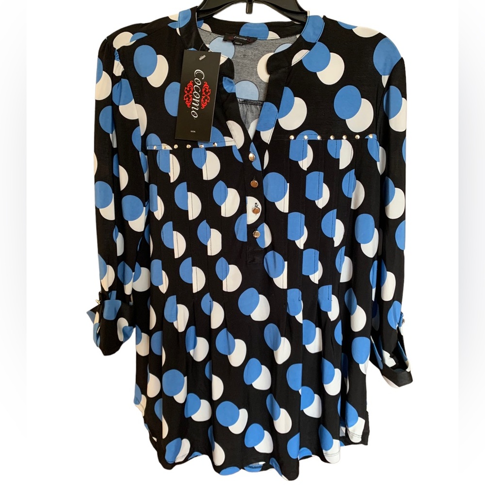 COCOMO Large Black blue white 3/4 sleeve studded women's Pintuck Blouse shirt - Picture 2 of 16